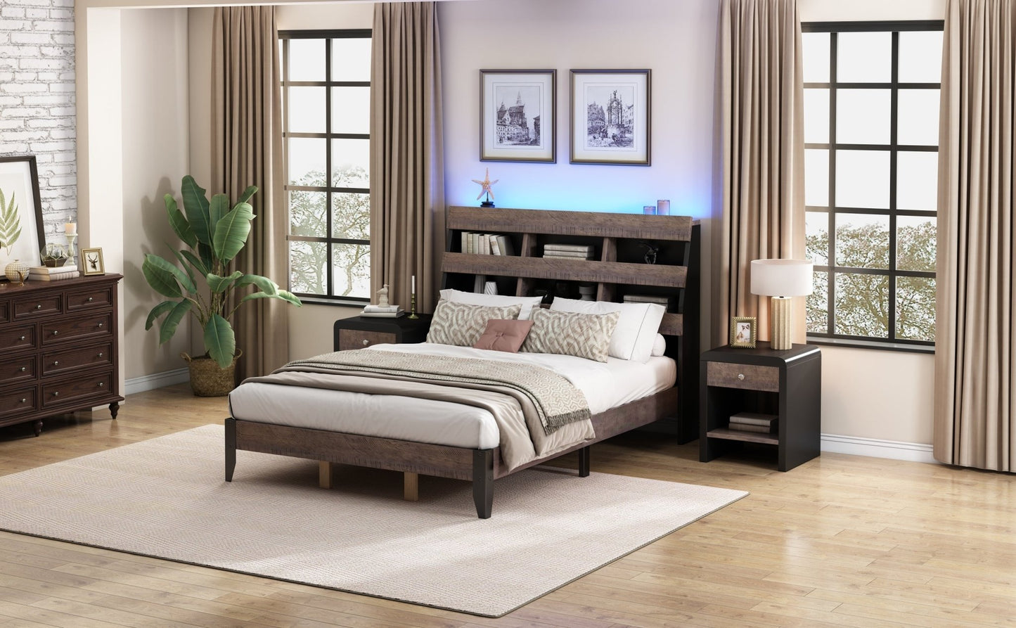 3 Pieces Bedroom Sets Mid Century Modern Style Queen Bed Frame with Bookshelf and LED Lights and USB Port and Two Nightstands, Walnut and Black - Groovy Boardz