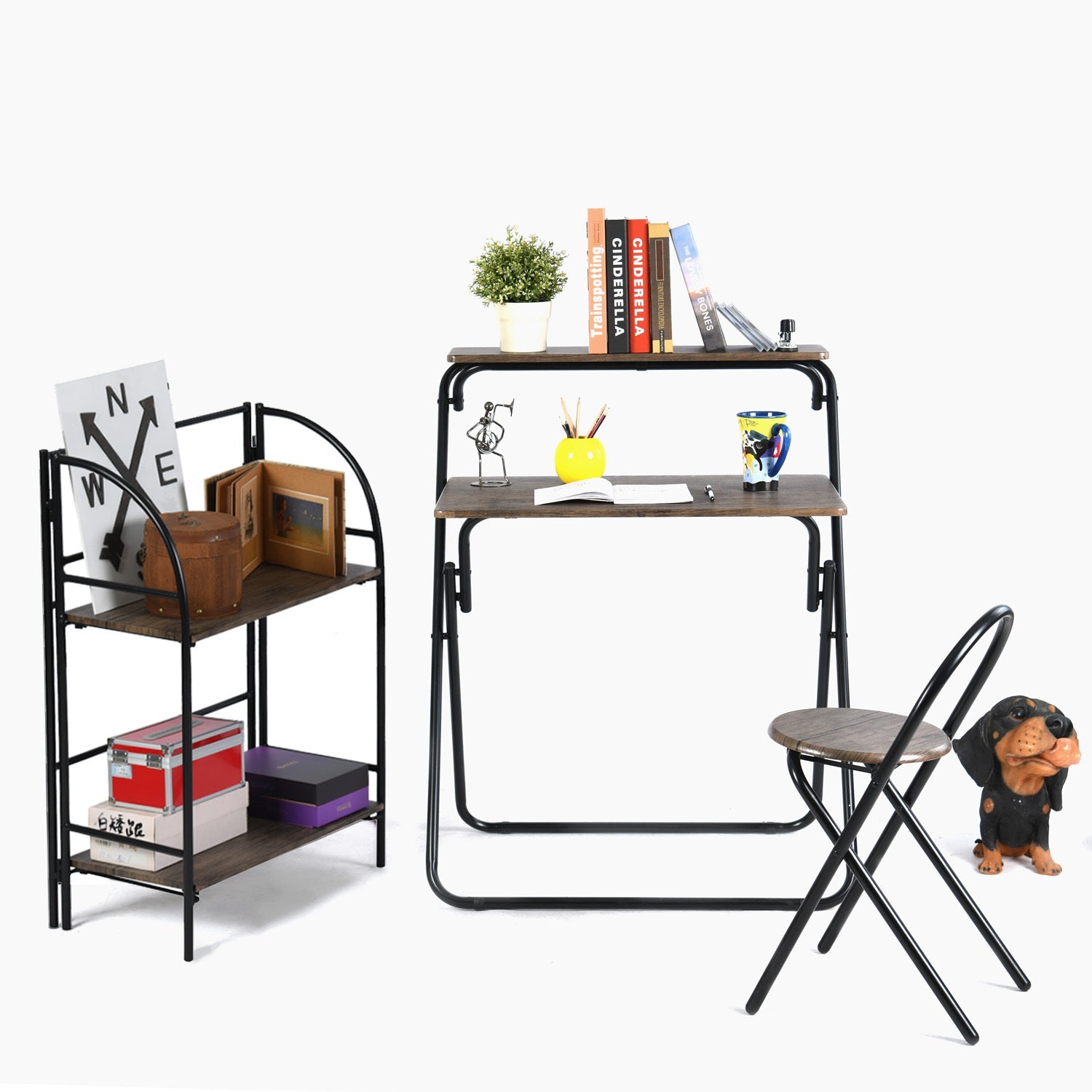 3 Pieces Kids Study Desk Chair Set Foldable Writing Desk with Chair & Bookshelf Gifts for Student Kids and Home Office - Groovy Boardz