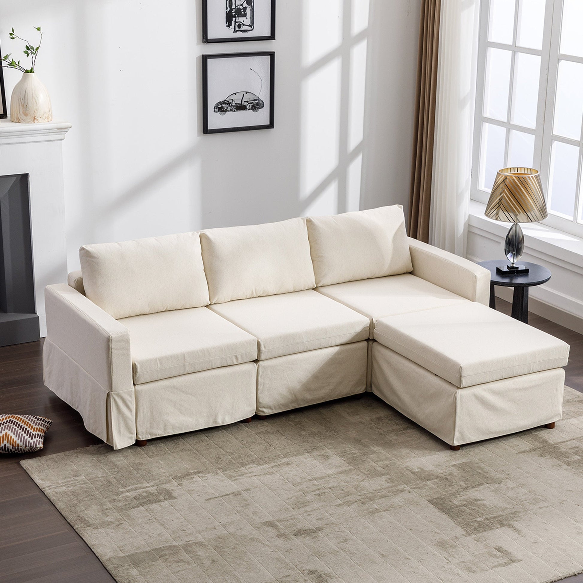 3 Seat Module Sectional Sofa Couch With 1 Ottoman,Seat Cushion and Back Cushion Removable and Washable,Cream - Groovy Boardz