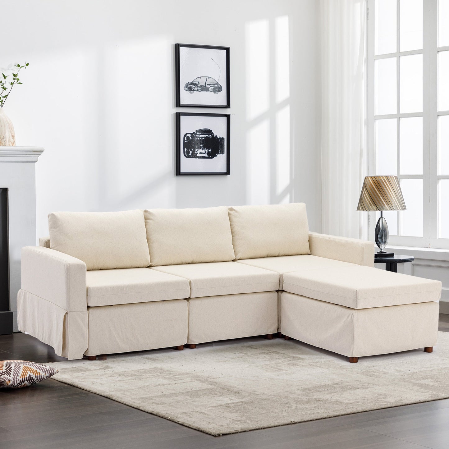 3 Seat Module Sectional Sofa Couch With 1 Ottoman,Seat Cushion and Back Cushion Removable and Washable,Cream - Groovy Boardz