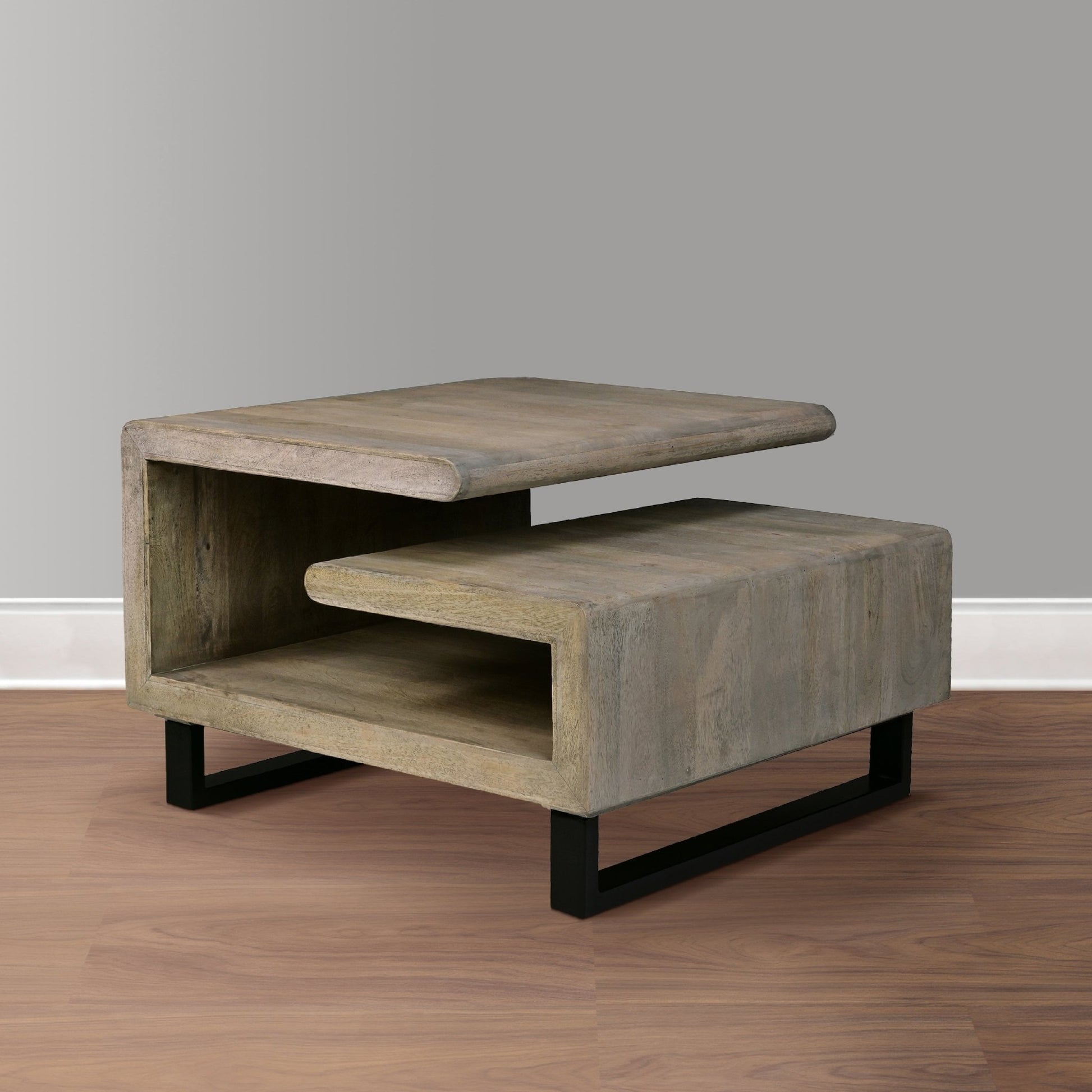 30 Inch Handcrafted Geometric G Coffee Table, Weathered Gray Mango Wood Frame, Black Powder Coated Base - Groovy Boardz