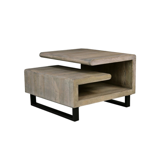 30 Inch Handcrafted Geometric G Coffee Table, Weathered Gray Mango Wood Frame, Black Powder Coated Base - Groovy Boardz