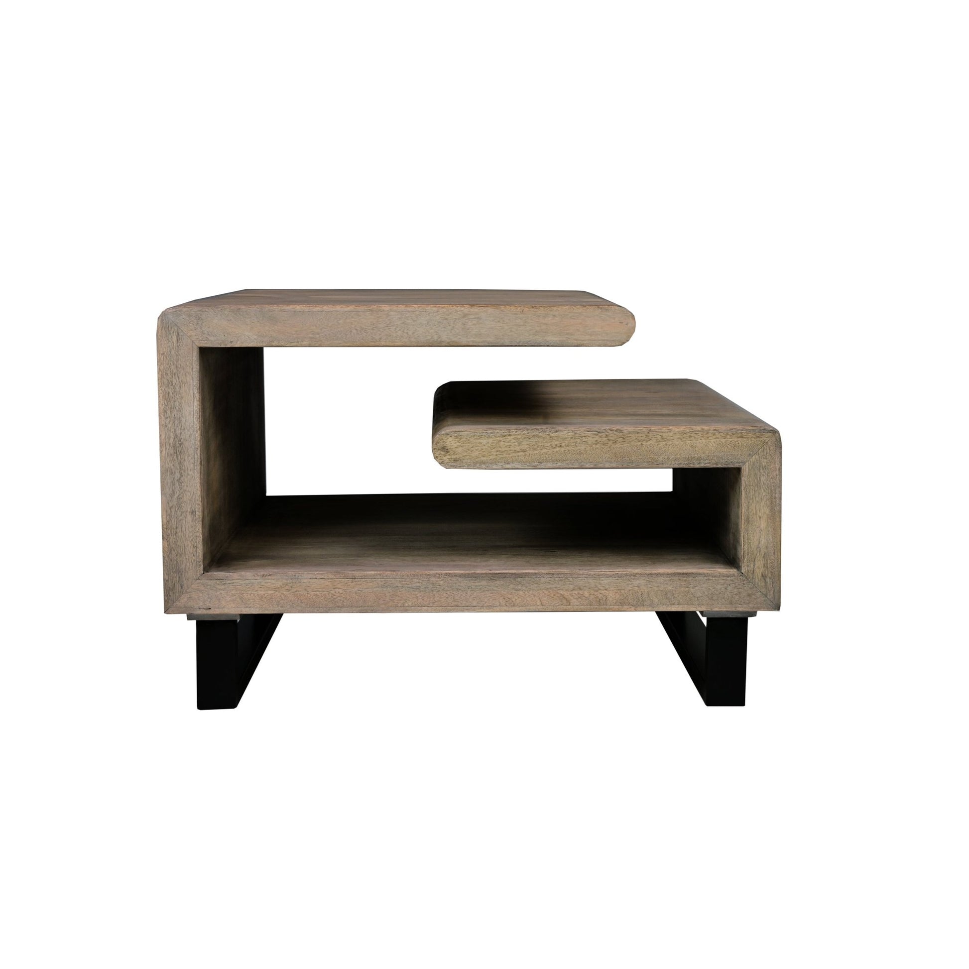 30 Inch Handcrafted Geometric G Coffee Table, Weathered Gray Mango Wood Frame, Black Powder Coated Base - Groovy Boardz