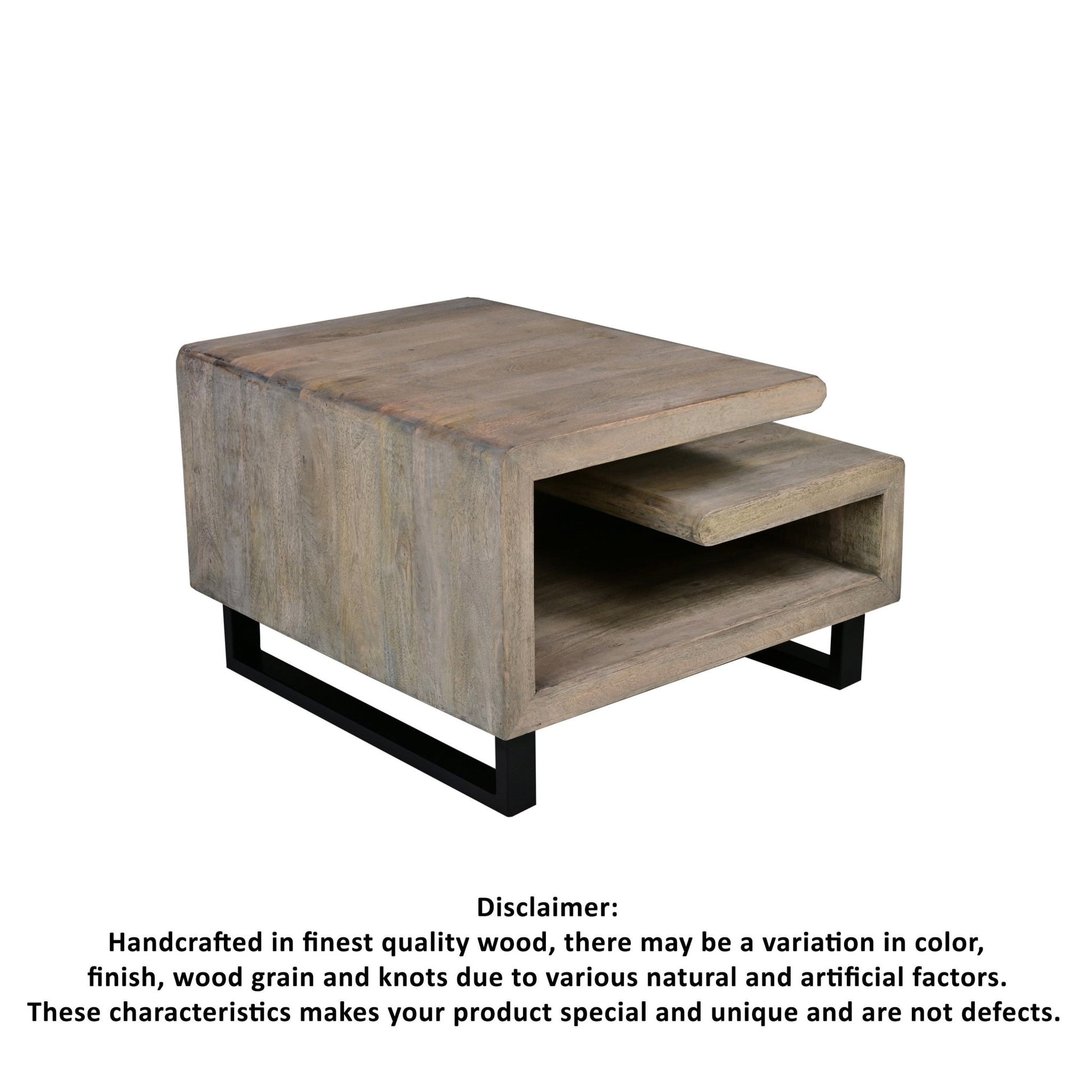 30 Inch Handcrafted Geometric G Coffee Table, Weathered Gray Mango Wood Frame, Black Powder Coated Base - Groovy Boardz