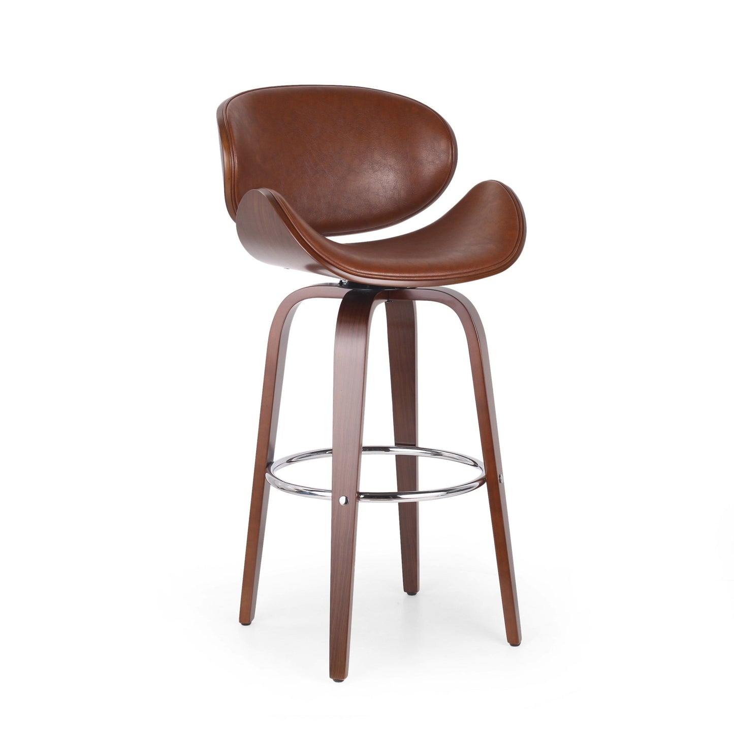 30" Mid-Century Modern Upholstered Swivel Barstool, Walnut + Cognac - Groovy Boardz