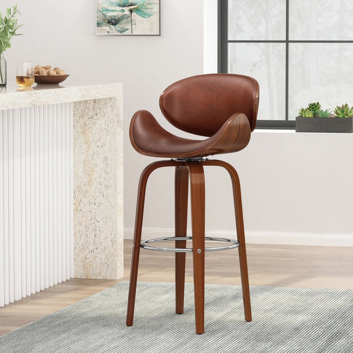 30" Mid-Century Modern Upholstered Swivel Barstool, Walnut + Cognac - Groovy Boardz