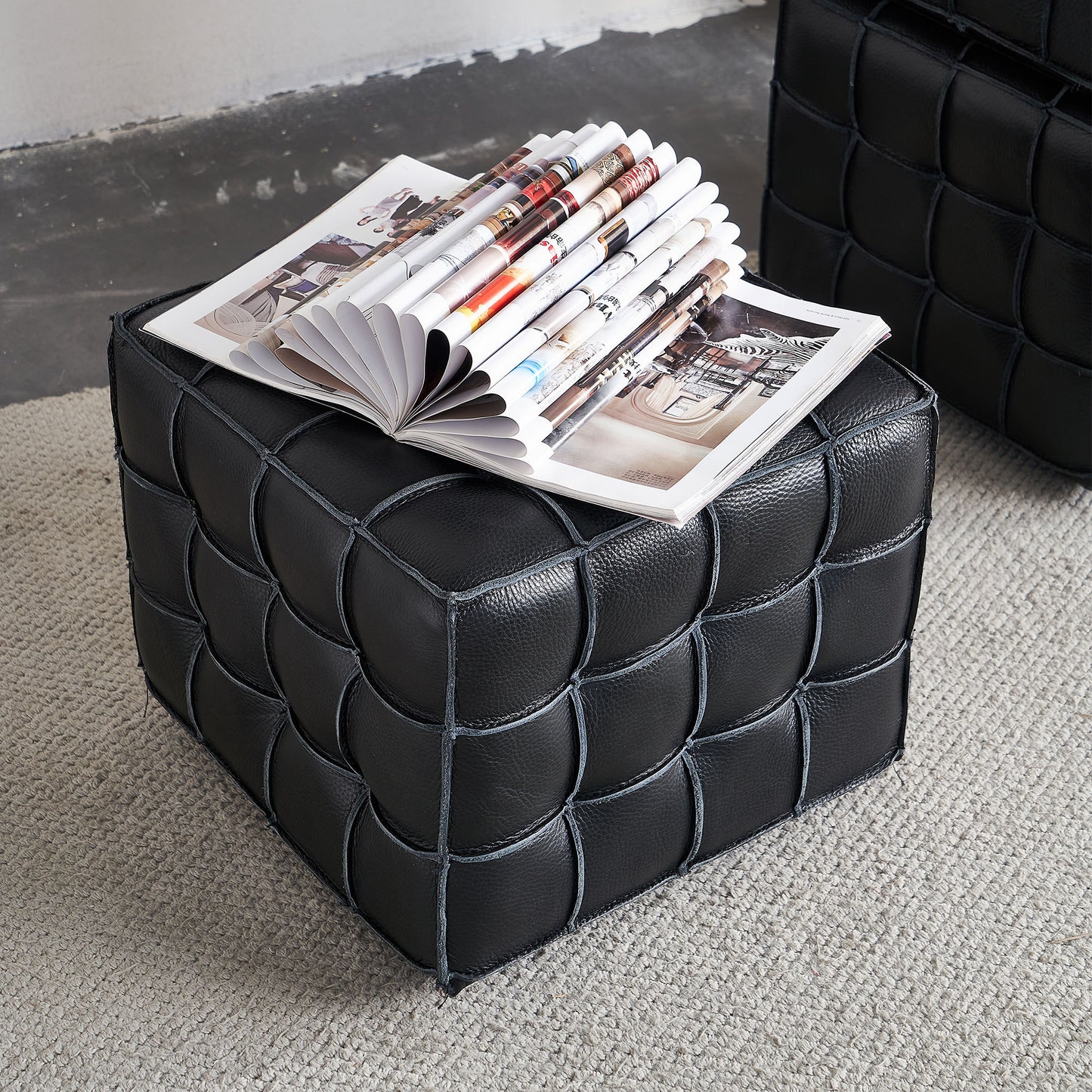 17.32''W Genuine Leather Tufted Ottoman,Footstool for Living Room & Bedroom,Black Color