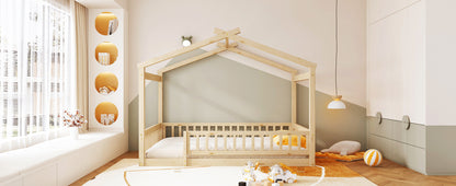 Full Size Wood Bed House Bed Frame with Fence, for Kids, Teens, Girls, Boys,Natural