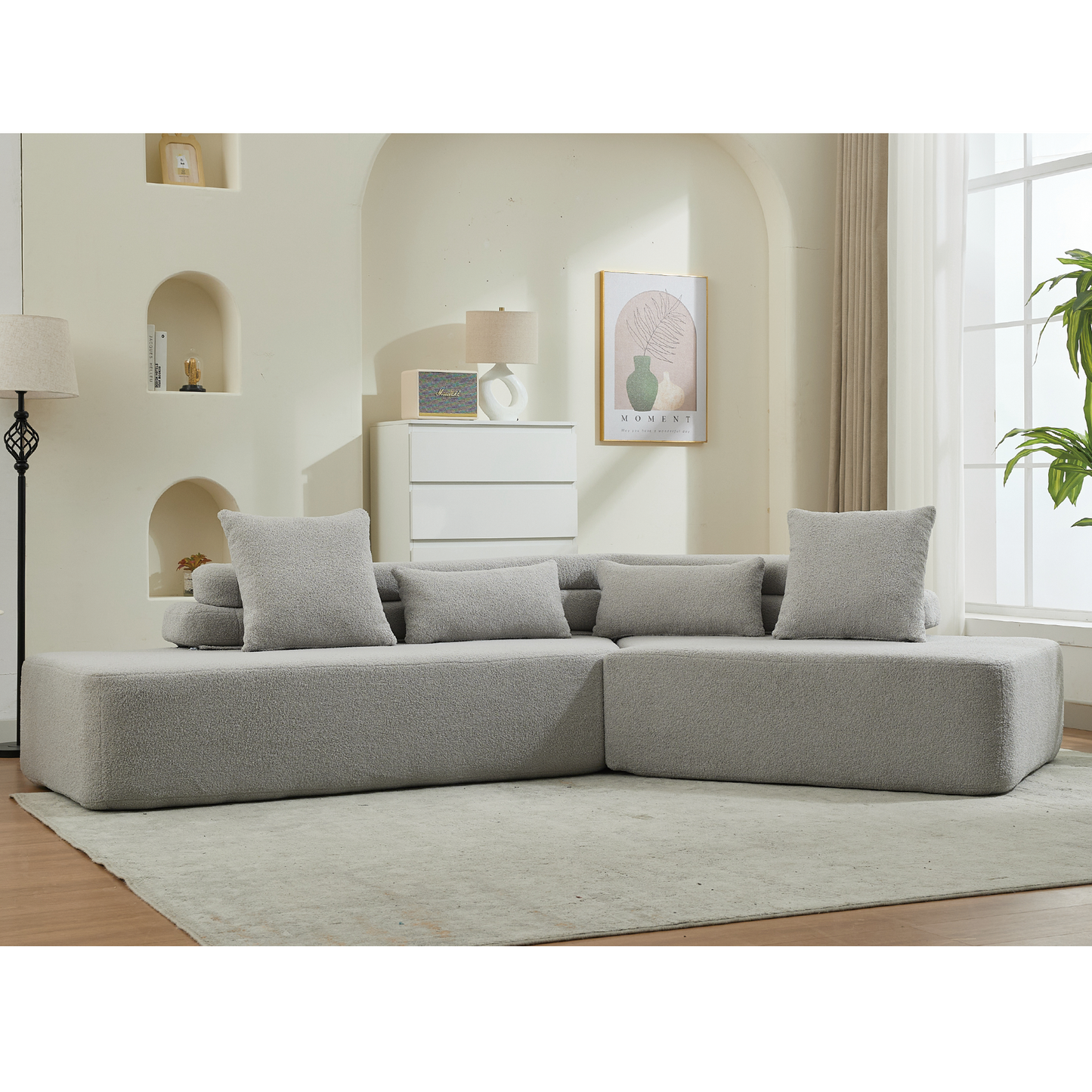 [NEW ARRIVED] [VIDEO PROVIDED] 128"Minimalist Cloud Sectional Couch ,Modern Couches ,4-Seater ,No Assembly,Two modular sofa,Boucle Teddy  Fabric, upholstered , anti-wrinkle fabric,Light Gray