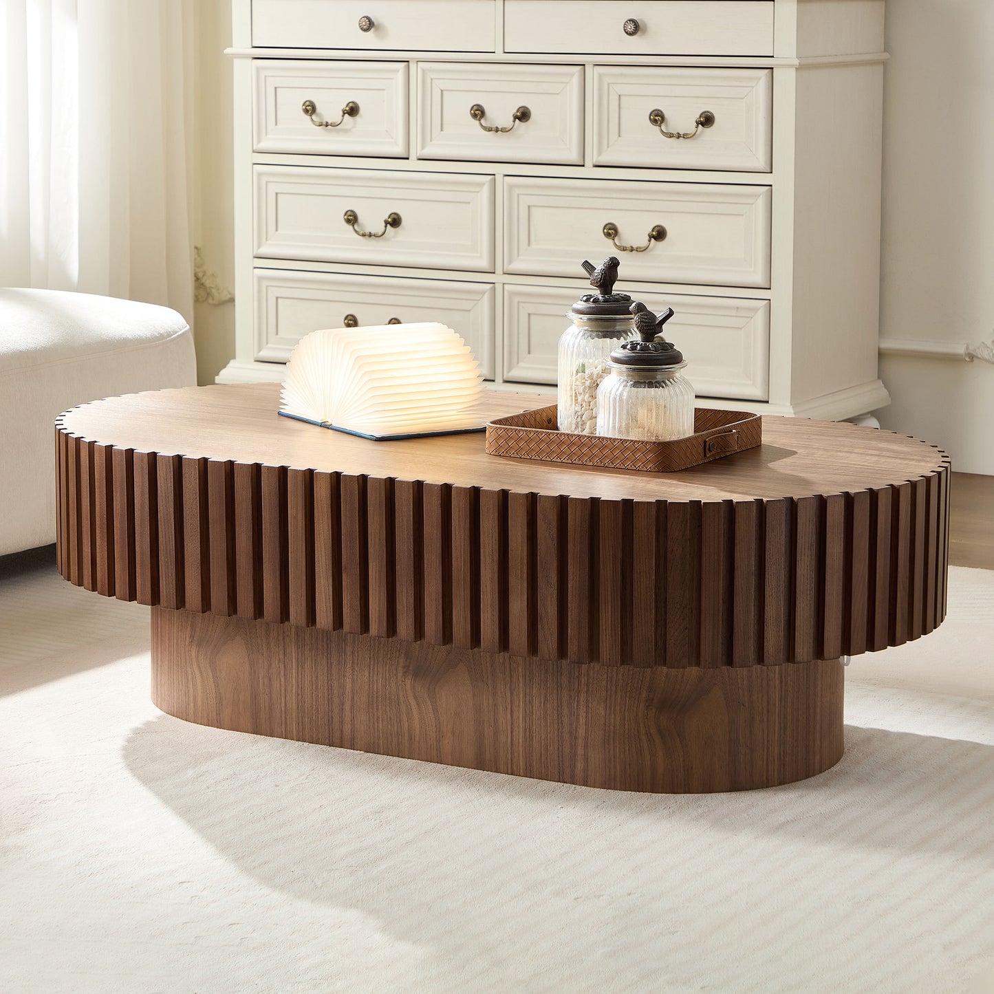 43.70 Inch Modern Handcraft Drum Coffee Table Oval Coffee Table for Living Room,Small Wooden Coffee Table with Sturdy Pedestal for Office,Walnut