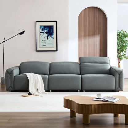 Modern Simple Line Design 3-Seater Leather Sofa for Living Room, Comfy Sofa Couch with Extra Deep Seats,Adjustable Headrests Couch,Blue Grey