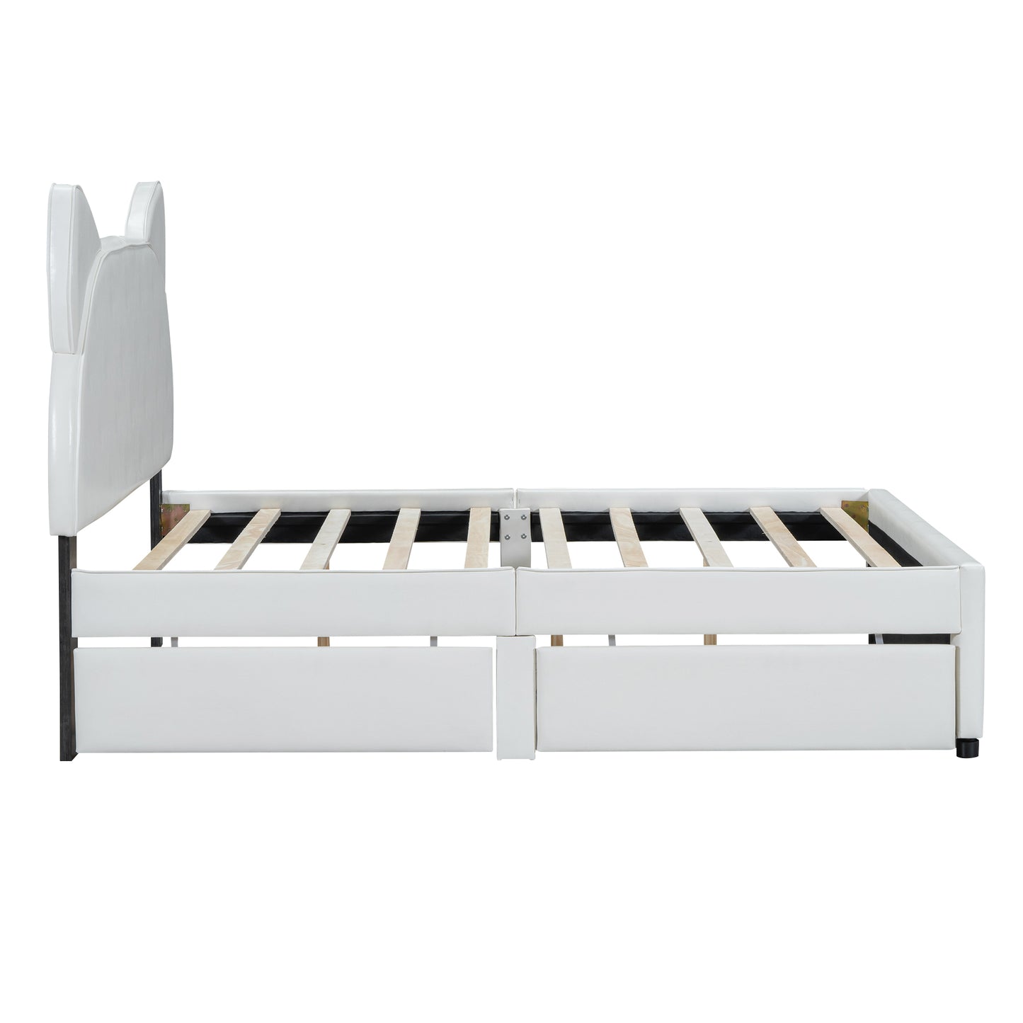 Full Size Upholstered Platform Bed with Cartoon Ears Shaped Headboard and 2 Drawers, White