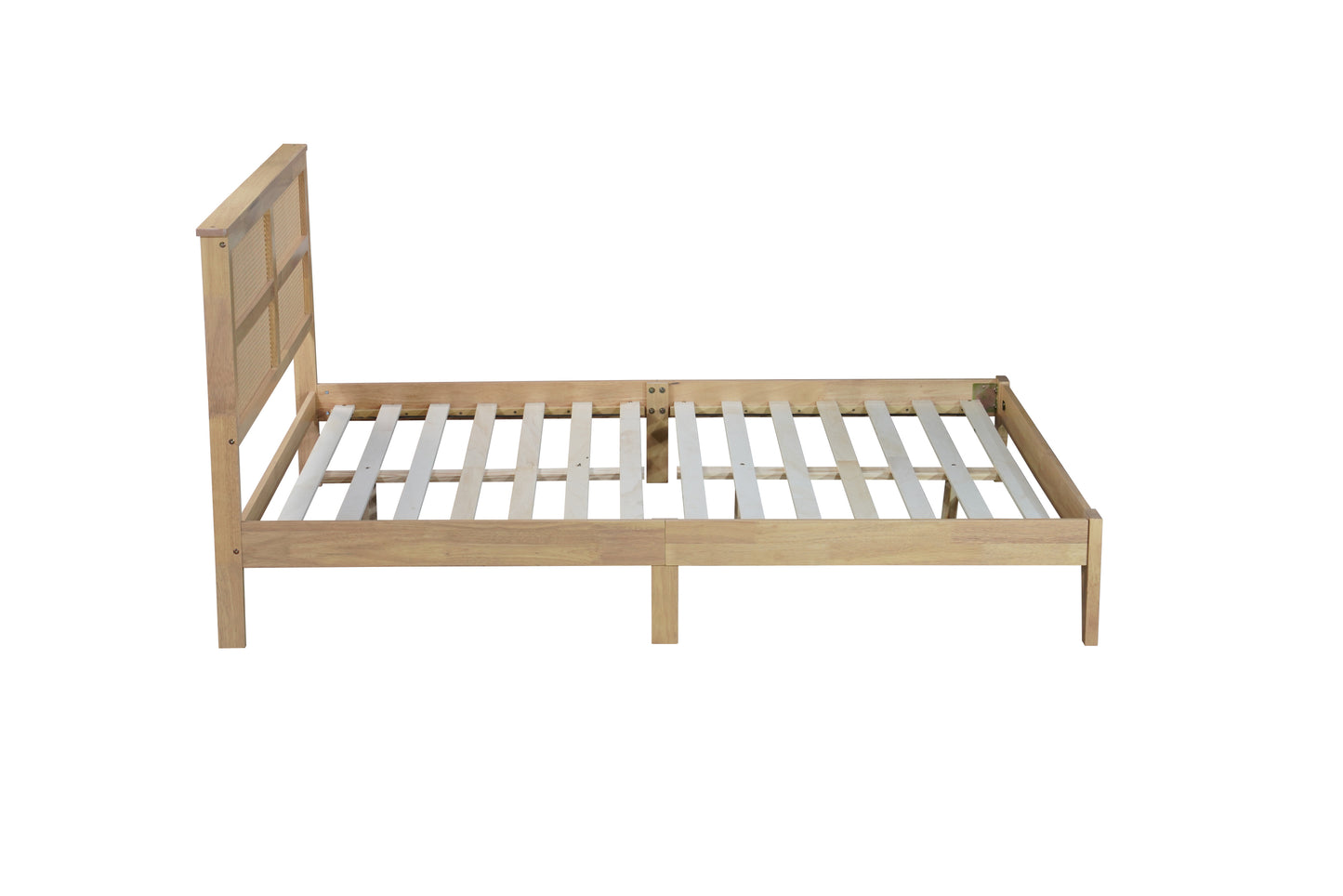 Queen Size Rubber Wooden, Solid Wooden Bed with Rattan Headboard, Enhanced by Support Feet