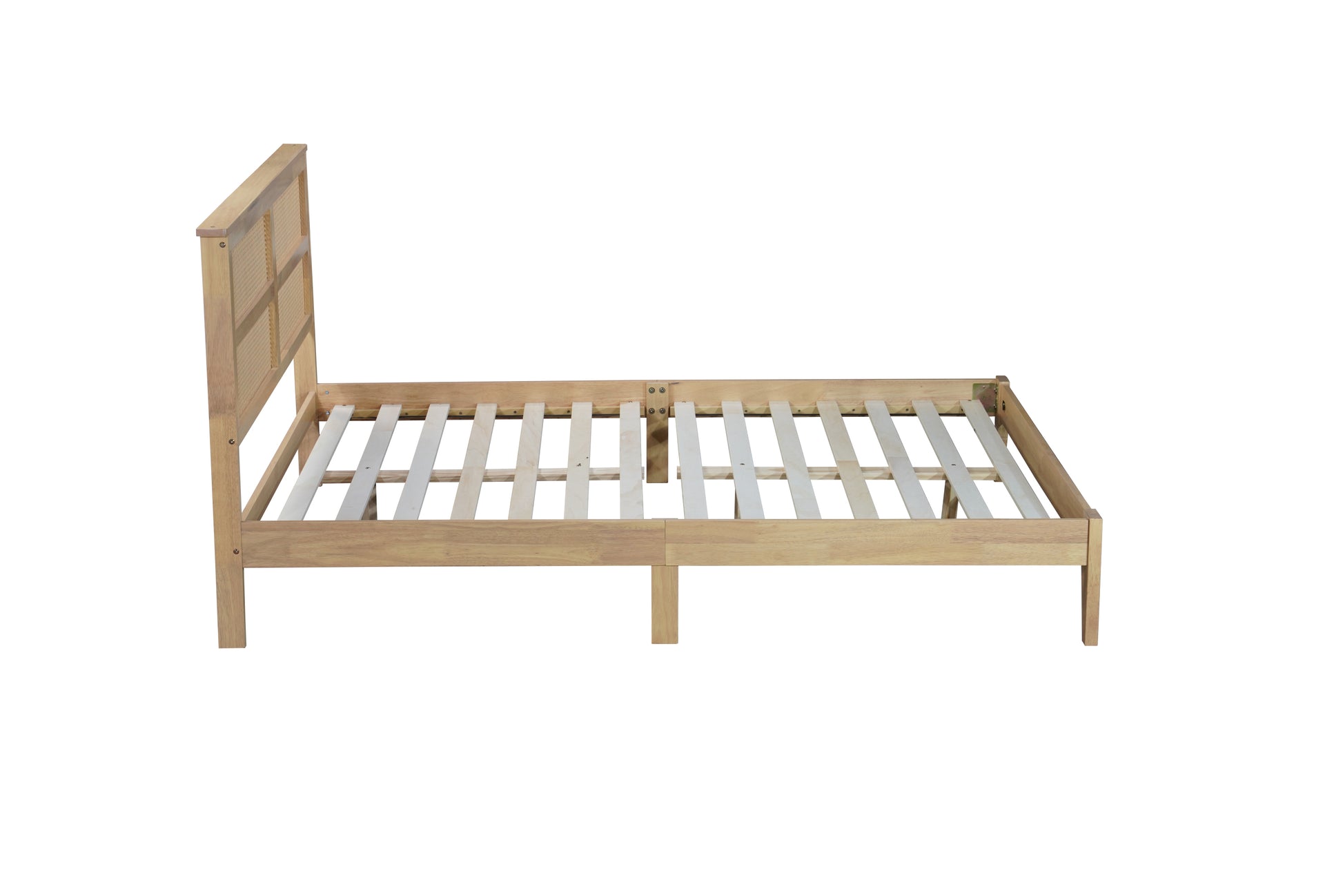 Queen Size Rubber Wooden, Solid Wooden Bed with Rattan Headboard, Enhanced by Support Feet