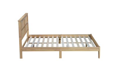 Queen Size Rubber Wooden, Solid Wooden Bed with Rattan Headboard, Enhanced by Support Feet