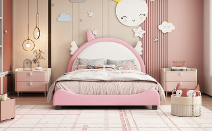 Cute Full size Upholstered Bed With Unicorn Shape Headboard,Full Size Platform Bed with Headboard and Footboard,White+Pink