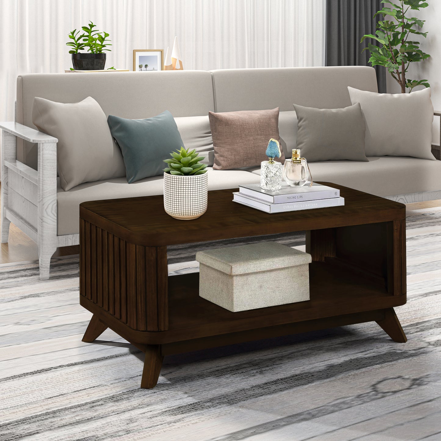 Rectangular Living Room Coffee Table Set, 3-Piece Living Room Table Set with Solid Wood Legs, 1 Coffee Table and 2 End Table, Wood Center Table Tea Table Set .Easy Assembly, Espresso