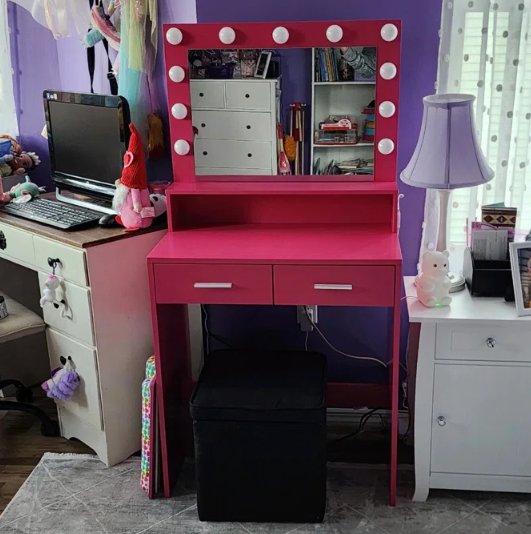 Vanity Desk with Mirror and Lights, Dressing Table with Large Drawer, 2 Level Storage Dresser & 3 Lighting Modes Adjustable Brightness, Suitable for Bedroom(Rose Pink)