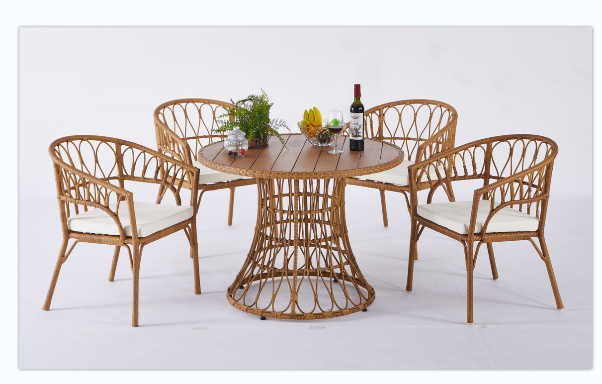 Outdoor dining simple bamboo chair table , PE ratten round table 110CM plastic wood top