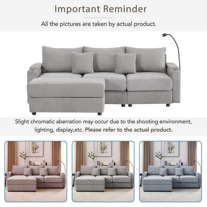 95.3" Modern Style 3-Seater Sofa Sectional Sofa Couch with Storage Space, A Movable Ottoman, Two USB Ports, Two Cup Holders, A Phone Holder for Living Room, Grey