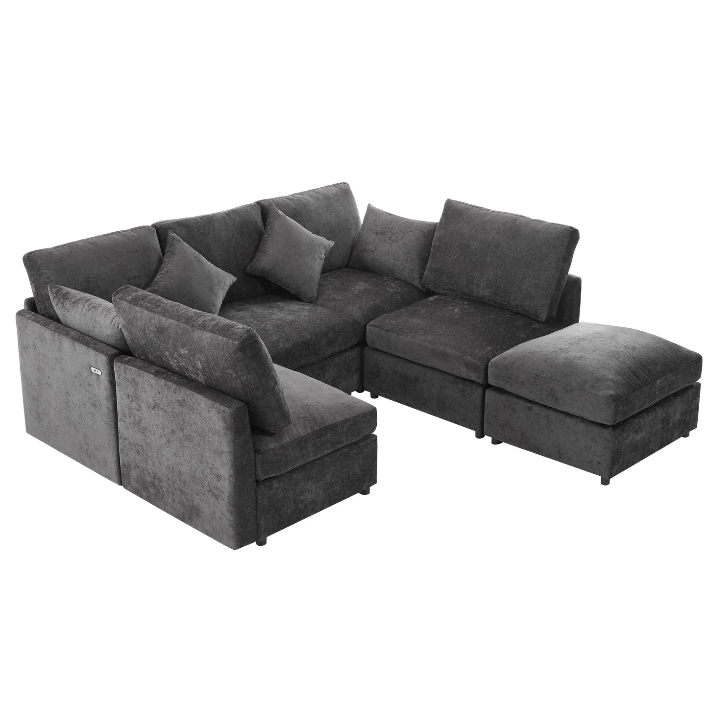 85.4" Sectional Sofa Modular Sofa U-shaped Sofa Couch Sofa Bed L-shaped Sofa with a Movable Ottoman and Two USB Ports for Living Room, Black