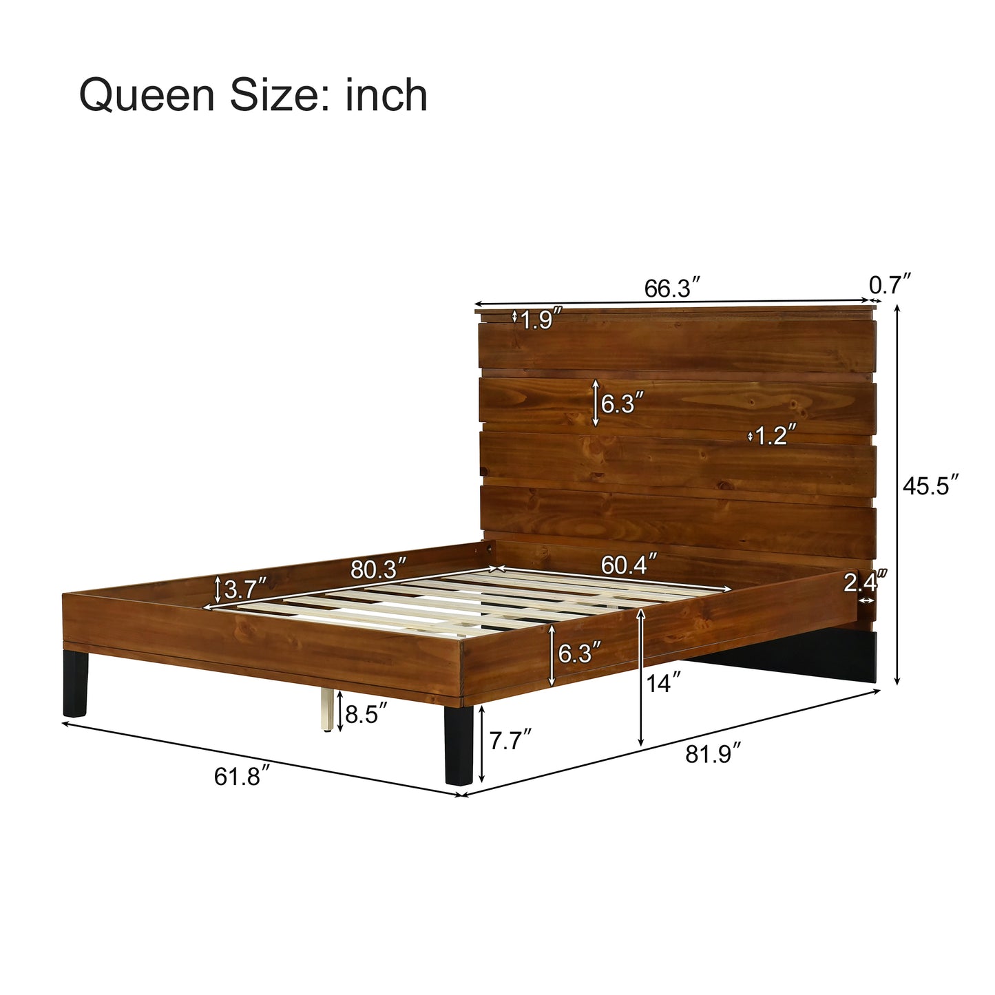 Mid-Century Modern Solid Wood Bed Frame Queen Size Platform Bed with Six-Piece Headboard Design, No Box Spring Needed, Brown