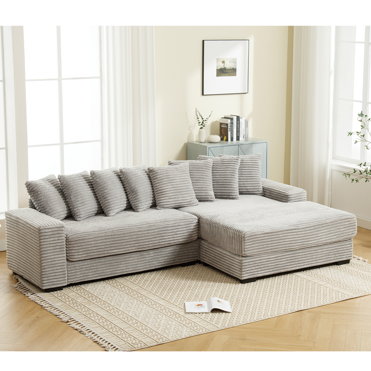 [NEW ARRIVED] [VIDEO PROVIDED] Oversized Two-Piece Couches, L Shaped Sofa, Corduroy, Right Chaise Daybed,with Armrests,Eight Throw Pillows,Corner Sofa,Easy To Assemble, Gray