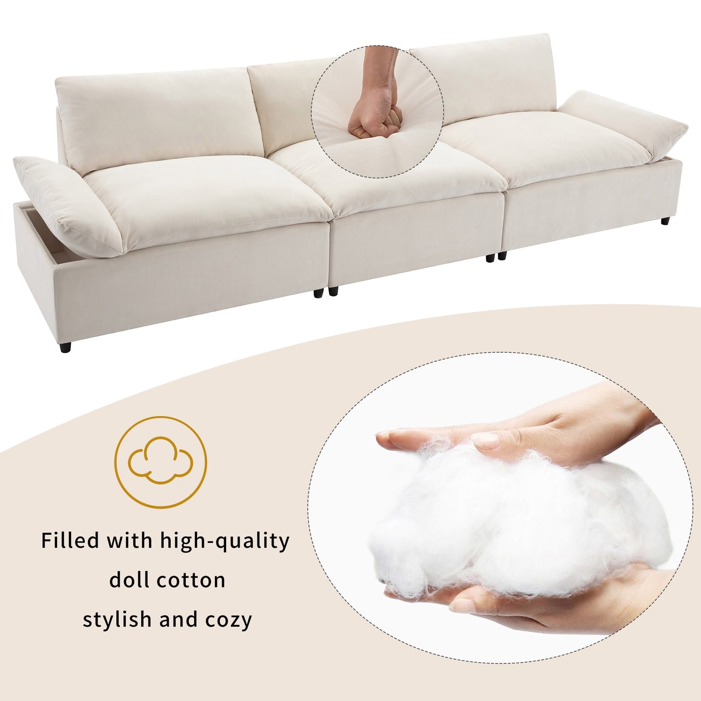 [ Video Provided]U_STYLE 119.5'' 3 Seater Sofa with 2 Storage Units , for Living Room, Office, Apartment