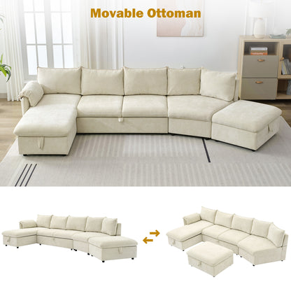 146.9" L-shaped Sofa Sectional Sofa Couch Pull-out Sofa Bed with a Movable Storage Ottoman, a Storage Chaise Lounge and Two USB Ports for Living Room, Beige