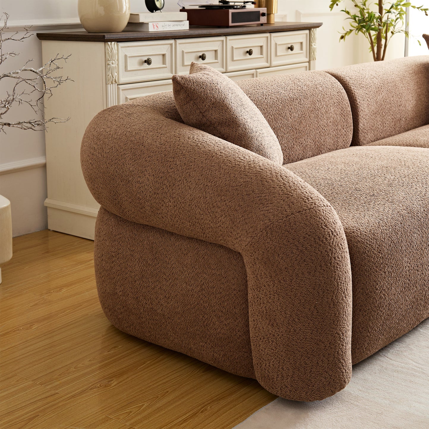 WKS15C camel sectional sofa with removable pillows, durable fabric, solid wood frame, high density sponge filler