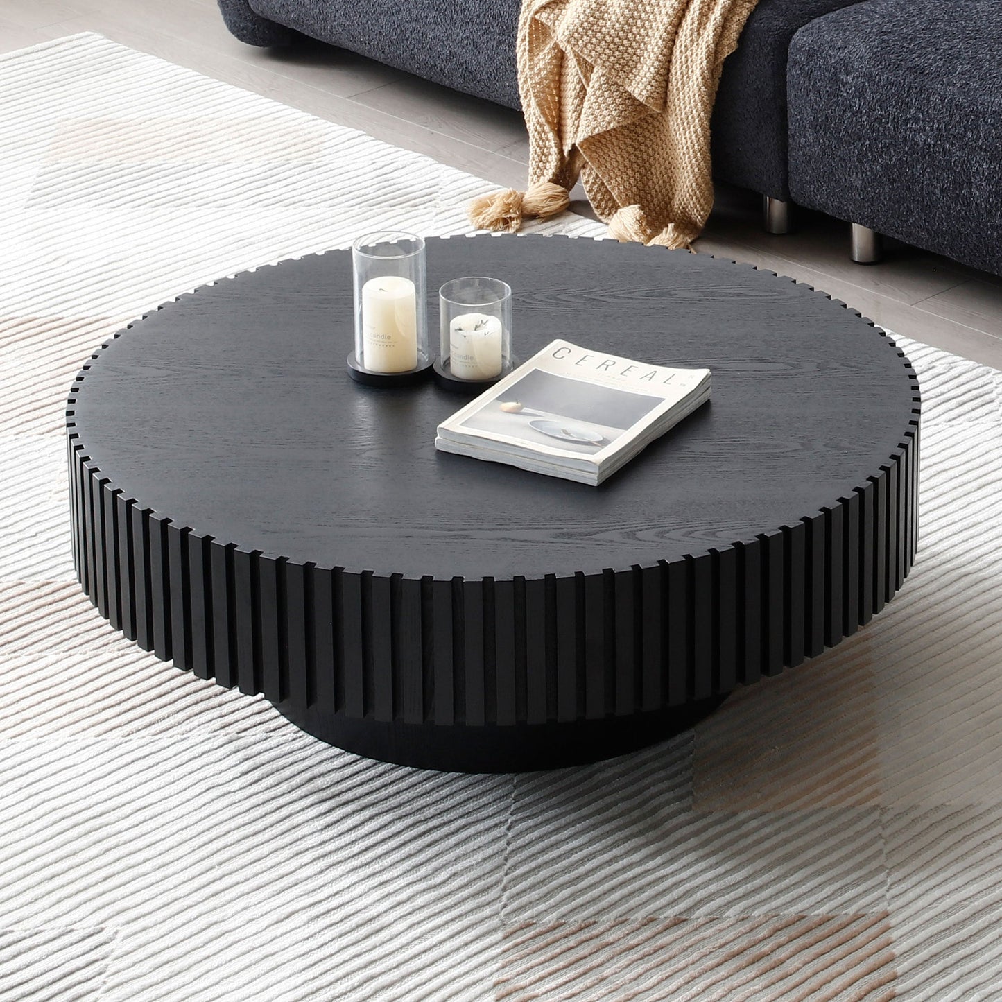 31.49'' Nesting Round Wood Coffee table for Apartment, Modern Living Room Coffee Table with Sturdy Pedestal ,BLACK - Groovy Boardz