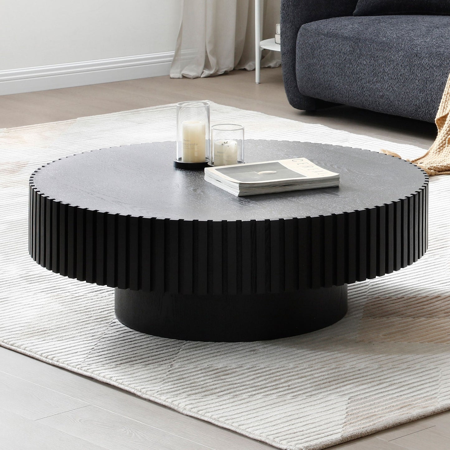 31.49'' Nesting Round Wood Coffee table for Apartment, Modern Living Room Coffee Table with Sturdy Pedestal ,BLACK - Groovy Boardz