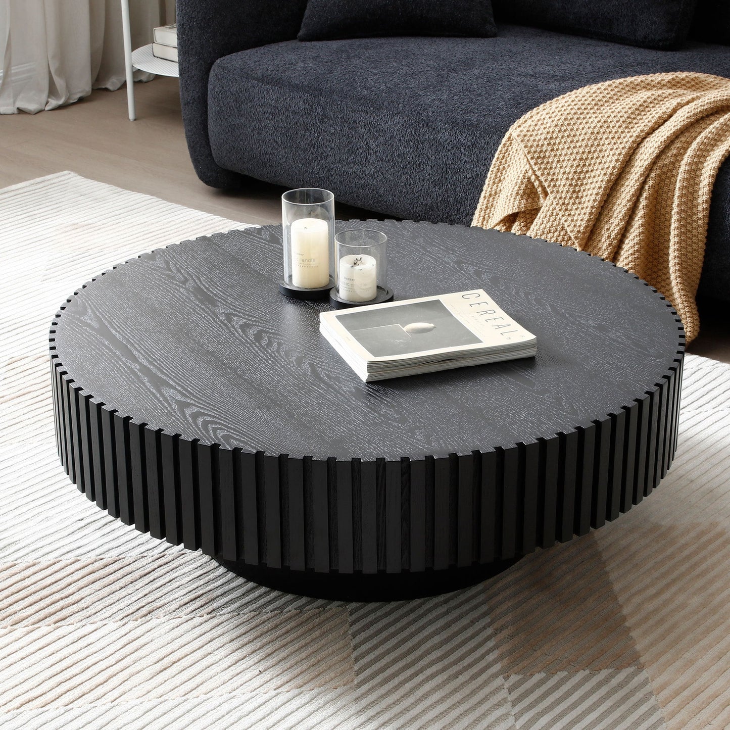 31.49'' Nesting Round Wood Coffee table for Apartment, Modern Living Room Coffee Table with Sturdy Pedestal ,BLACK - Groovy Boardz