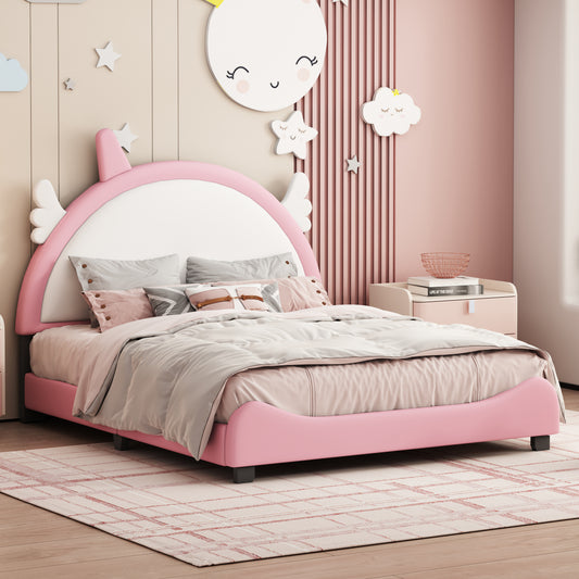 Cute Full size Upholstered Bed With Unicorn Shape Headboard,Full Size Platform Bed with Headboard and Footboard,White+Pink