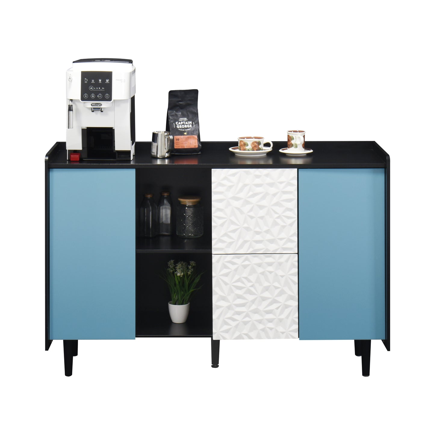 Sideboard Buffet Cabinet, Black Storage Cabinet with Blue Doors , 2 Drawers with unique panel styling and 2 Open Storage Compartment, Modern Coffee Bar Cabinet Accent Cabinet for Kitchen, Dining Room,