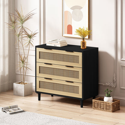 31.50"3-Drawers Rattan Storage Cabinet Rattan Drawer,for Bedroom,Living Room,Dining Room,Hallways,Black - Groovy Boardz