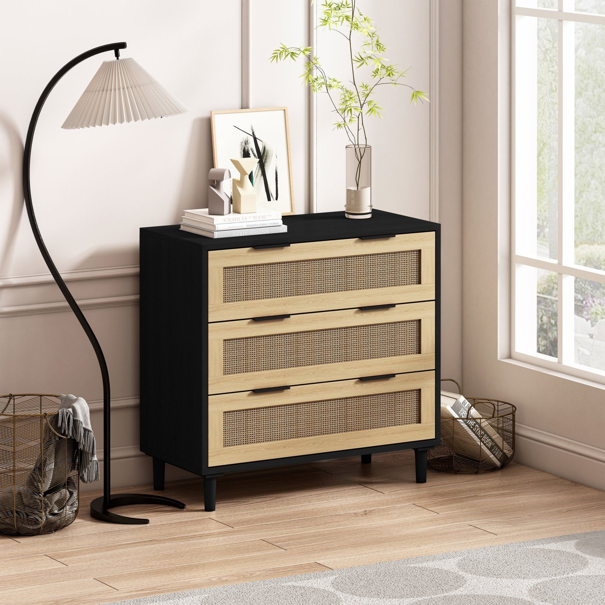 31.50"3-Drawers Rattan Storage Cabinet Rattan Drawer,for Bedroom,Living Room,Dining Room,Hallways,Black - Groovy Boardz