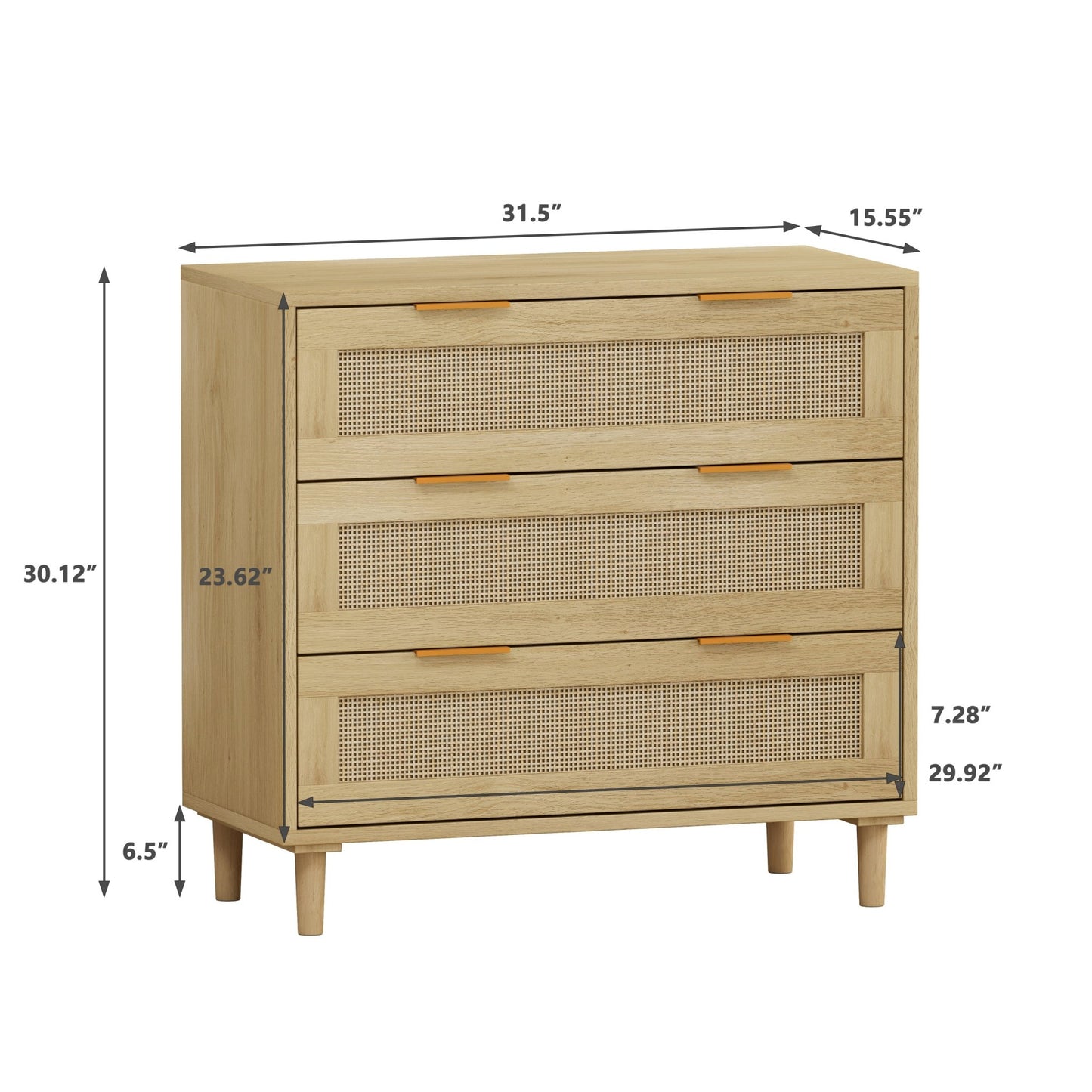 31.50"3-Drawers Rattan Storage Cabinet Rattan Drawer,for Bedroom,Living Room,Dining Room,Hallways,Oak - Groovy Boardz