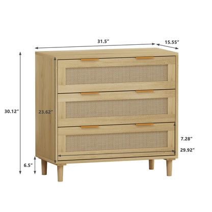 31.50"3-Drawers Rattan Storage Cabinet Rattan Drawer,for Bedroom,Living Room,Dining Room,Hallways,Oak - Groovy Boardz