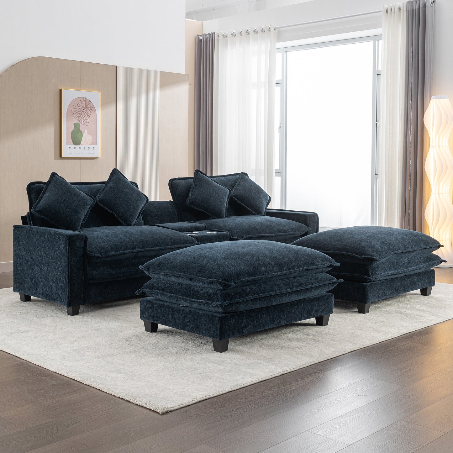 112.6" Sectional Sofa Chenille Upholstered Sofa with Two Removable Ottoman, Two USB Ports, Two Cup Holders and Large Storage Box for Living Room, Blue