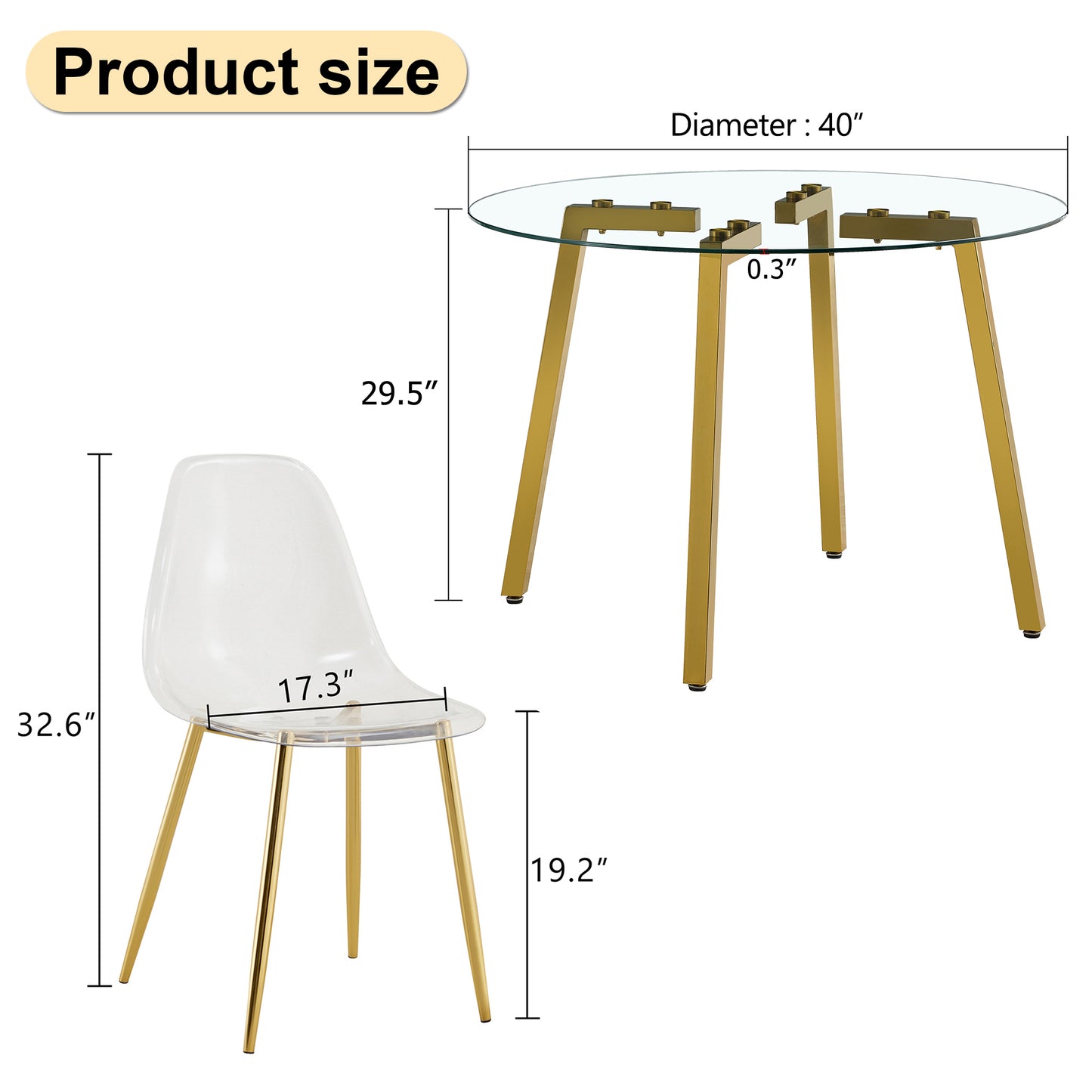 Table and chair set.Modern Luxurious Round Tempered Glass Dining Table Set-40*40 inch with 6 Transparent Plastic Dining Chair with Gold Metal Legs.Bring a comfortable home experience to the kitchen.