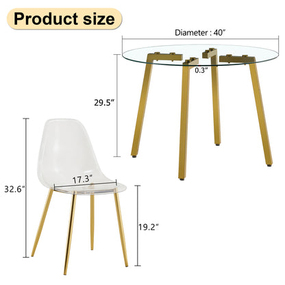 Table and chair set.Modern Luxurious Round Tempered Glass Dining Table Set-40*40 inch with 6 Transparent Plastic Dining Chair with Gold Metal Legs.Bring a comfortable home experience to the kitchen.