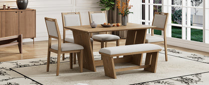 TREXM 6-Piece Modern Retro Dining Set, 1 Rectangular Table with Stable Trapezoidal Table Base and 4 Upholstered Chairs and 1 Bench for Dining Room and Kitchen (Natural Wood Wash)