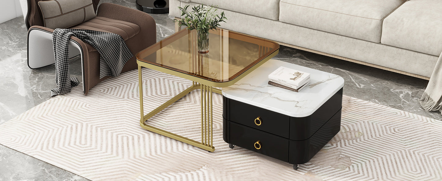 ON-TREND 2-in-1 Square Nesting Coffee Table with Wheels & Drawers, Stackable Side Table with High Gloss Marble Grain Top, End Table Set with Brown Tempered Glass for Living Room, Black