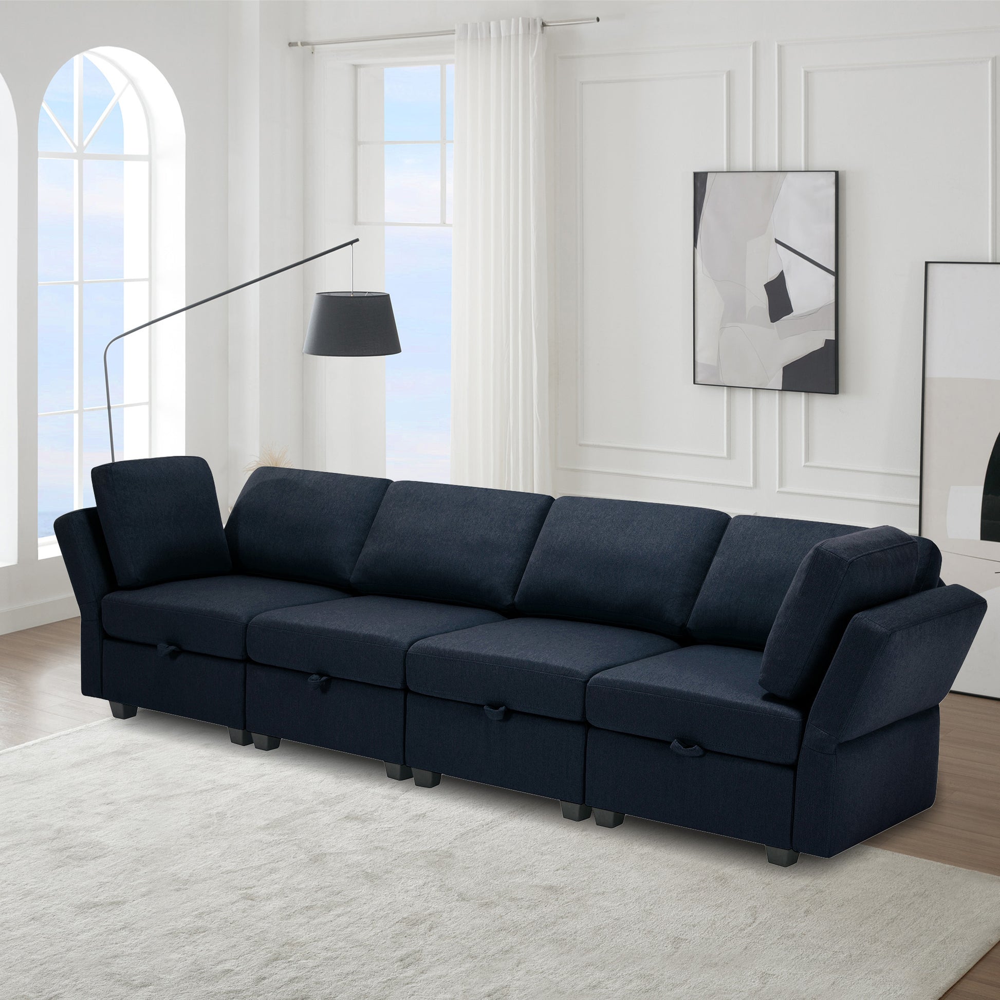 Fabric Modern Modular Sofa Couch with Storage Seats Modular Sectional Sofa 4 Seater Modular Couch for Living Room  - Blue