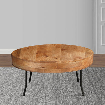 32 Inch Coffee Table, Handcrafted Mango Wood Round Top, Black Metal Angled Legs - Groovy Boardz