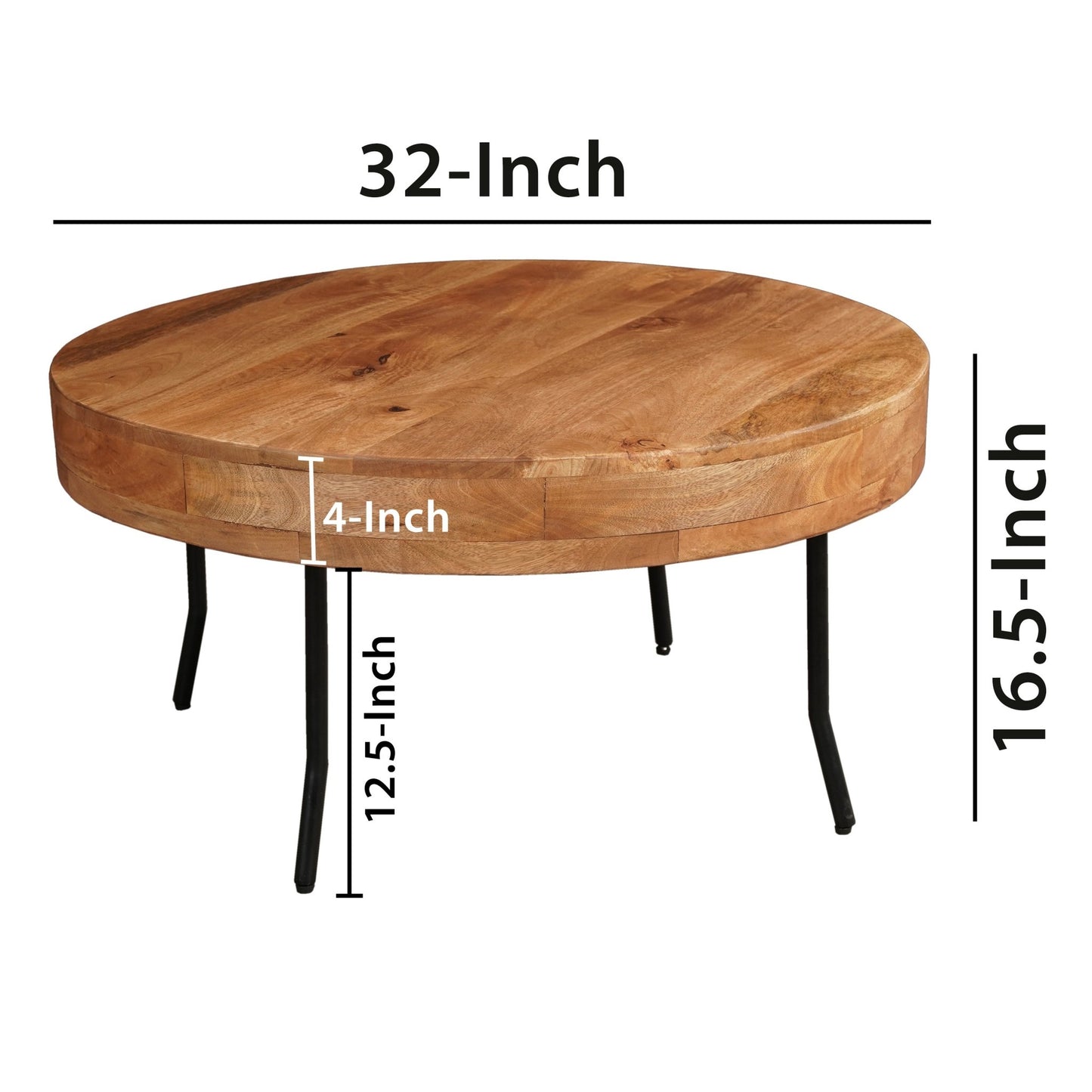 32 Inch Coffee Table, Handcrafted Mango Wood Round Top, Black Metal Angled Legs - Groovy Boardz