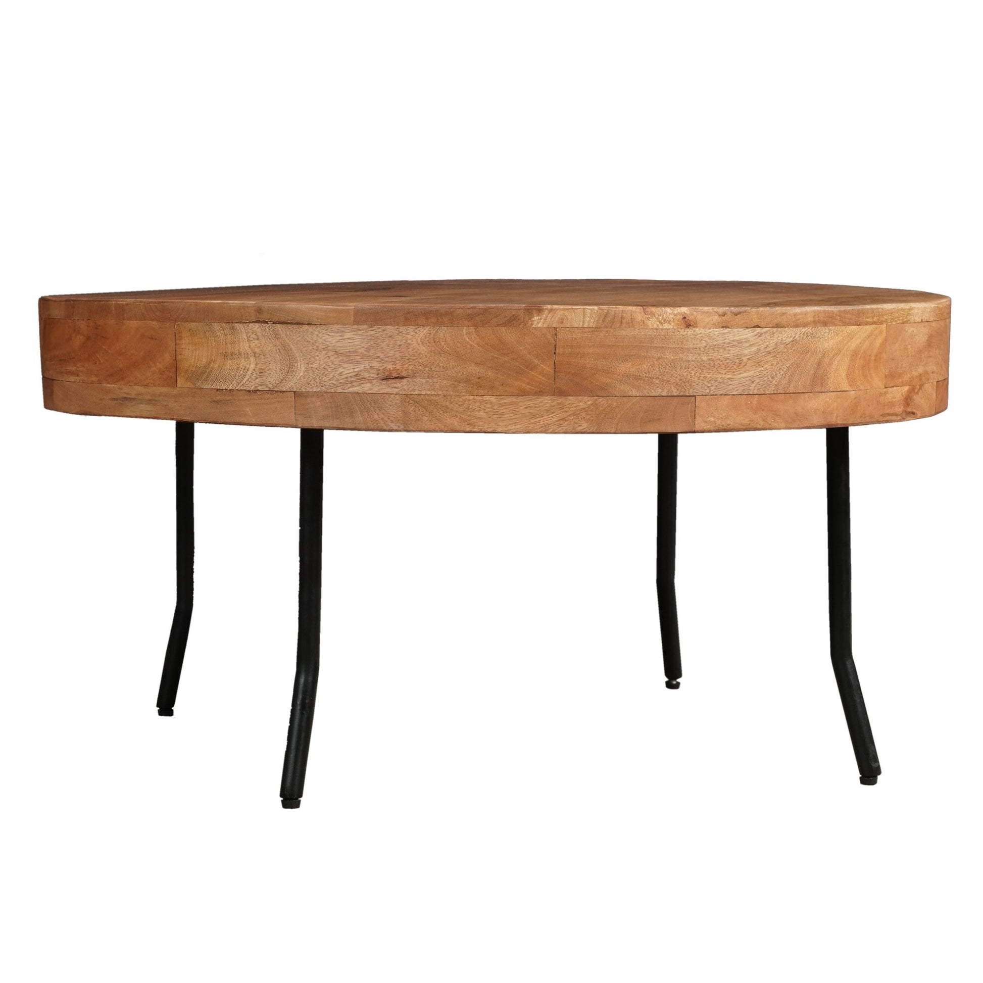 32 Inch Coffee Table, Handcrafted Mango Wood Round Top, Black Metal Angled Legs - Groovy Boardz