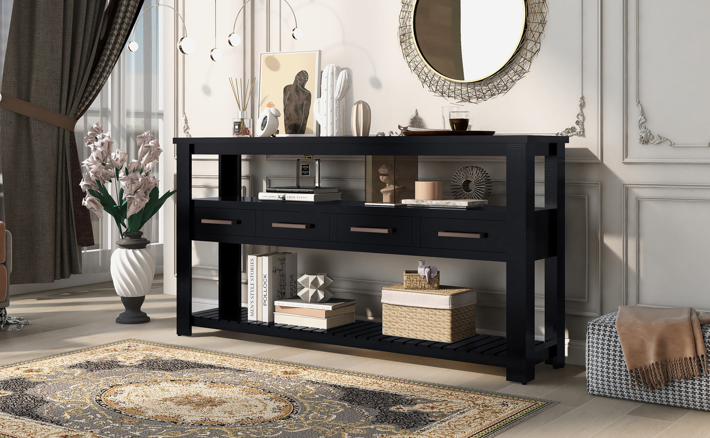 U_STYLE 62.2'' Modern Console Table Sofa Table for Living Room with 4 Drawers and 2 Shelves