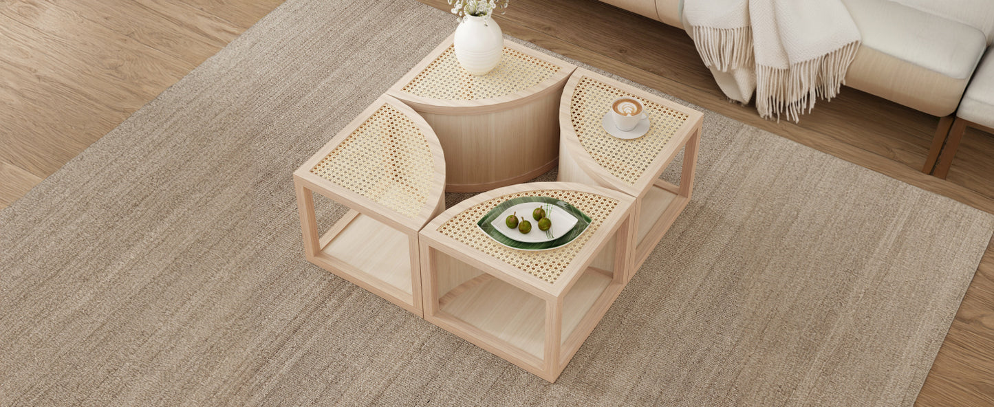 Round to Square Block Modular Coffee Table Light Natural Rattan with Storage 4 Piece